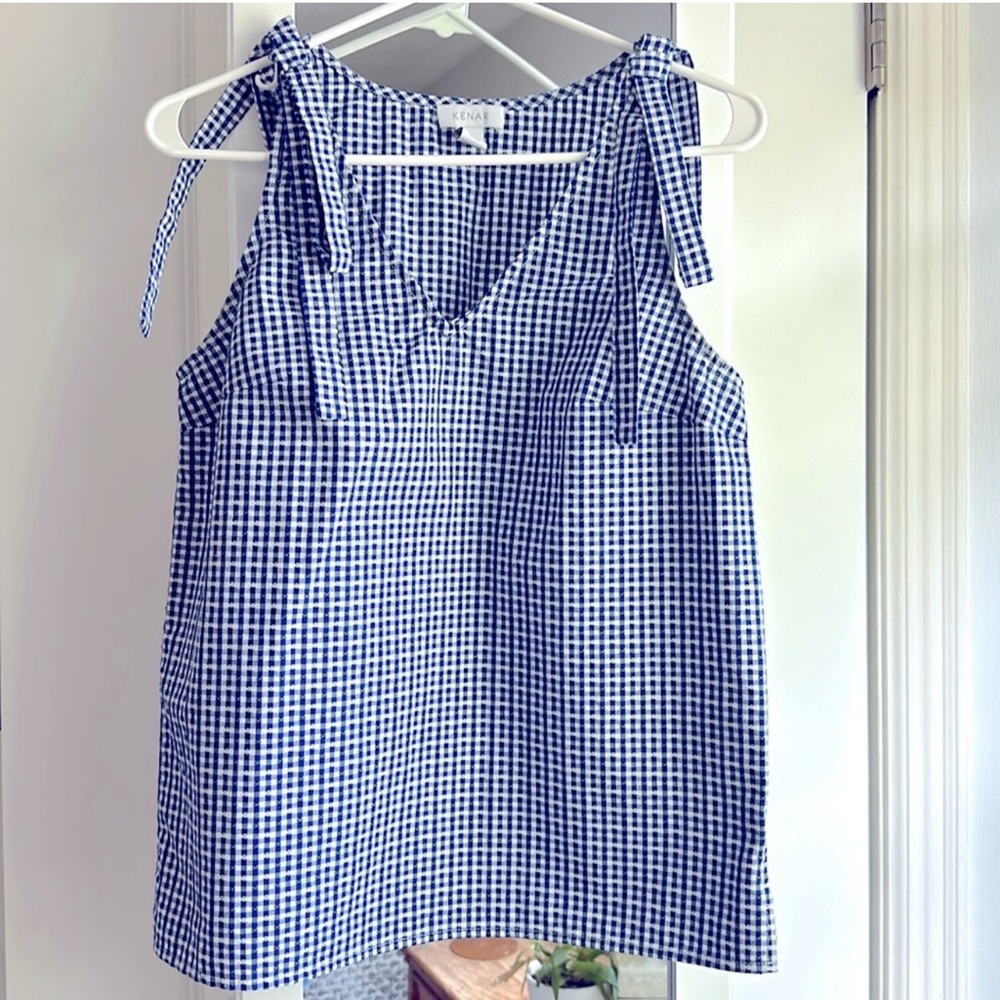 Navy and white gingham tank with bow sleeves